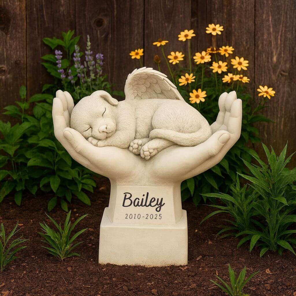 Personalised Dog Memorial Angel Statue in Hands – Weatherproof Resin Grave Marker for Garden Display with Elegant Cursive Name &