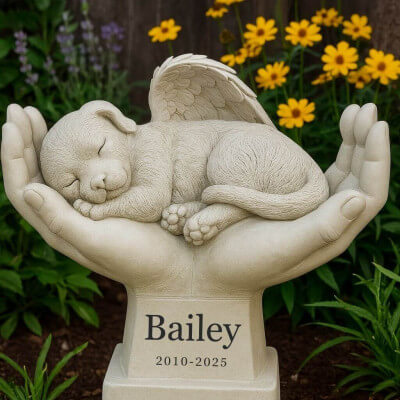 Personalised Dog Memorial Angel Statue in Hands...