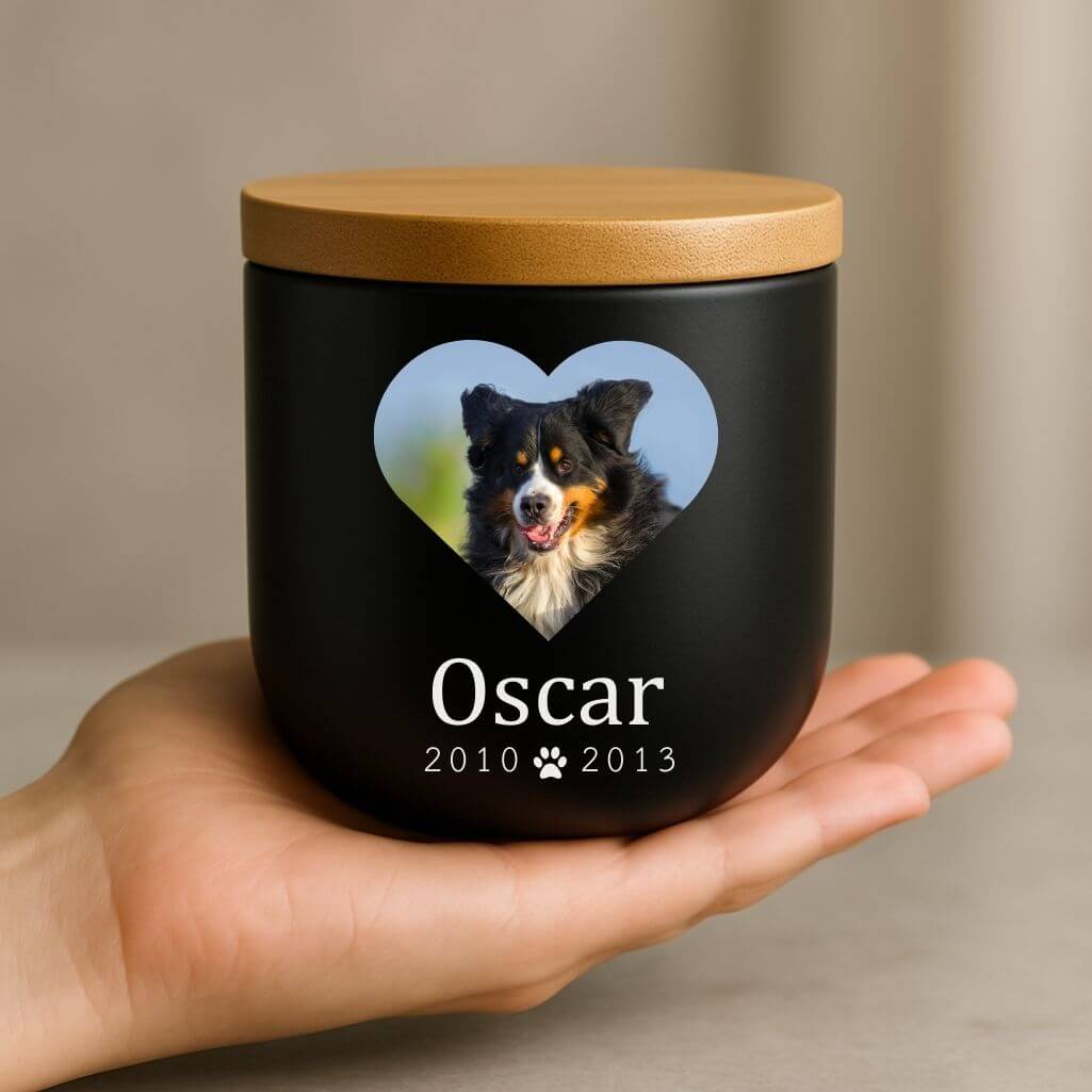 Personalised Ceramic Dog Urn with Photo in Heart Frame – Pet Cremation Urn for Ashes with Name & Dates