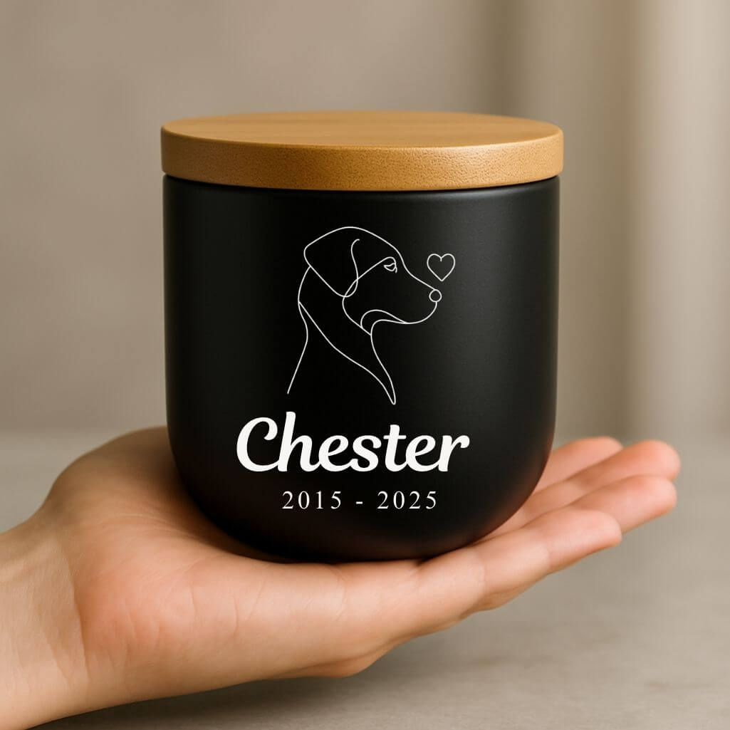 Personalised Ceramic Dog Urn with Minimalist Illustration –  Pet Cremation Urn for Ashes with Name & Dates