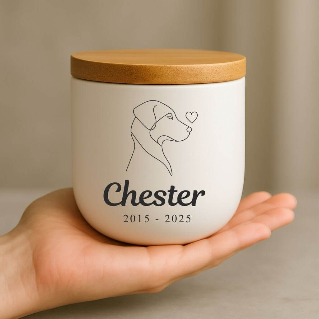 Personalised Ceramic Dog Urn with Minimalist Illustration –  Pet Cremation Urn for Ashes with Name & Dates