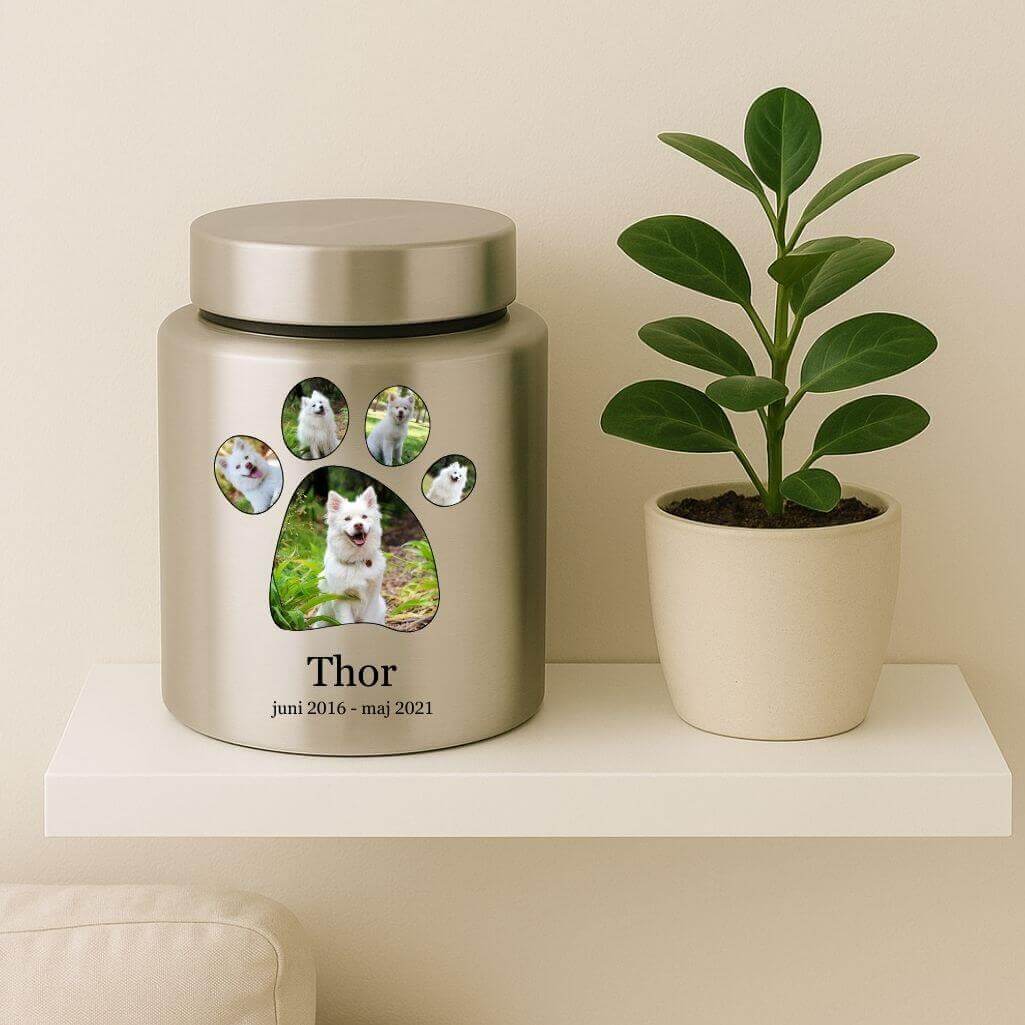 Personalised Dog Urn with Photos in a Paw-shaped Frame – Engraved Cylinder Stainless Steel Memorial Urn  with Name & Dates