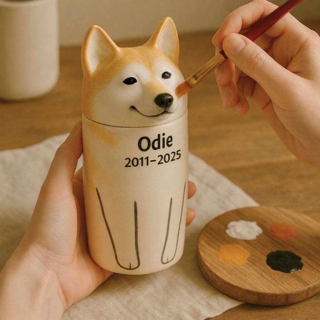 Personalised Handmade Ceramic Dog Urn by Breed – Custom Memorial Urn with Painted Portrait & Open Eyes  Design