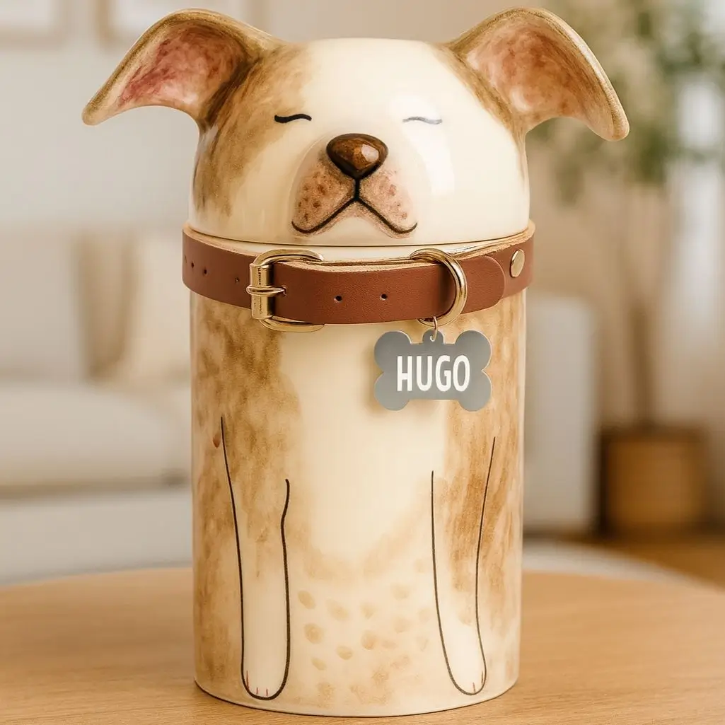 Ceramic dog urn shaped like a brown dog with a leather collar and bone tag engraved with the name Hugo on a wooden table.