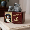 Tilpasset hundeurneæske i træ med englehundestatue - Askeurne til kæledyr med foto, navn, datoer og hyldest