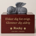 Tilpasset hundeurneæske i træ med englehundestatue - Askeurne til kæledyr med navn, datoer og hyldest