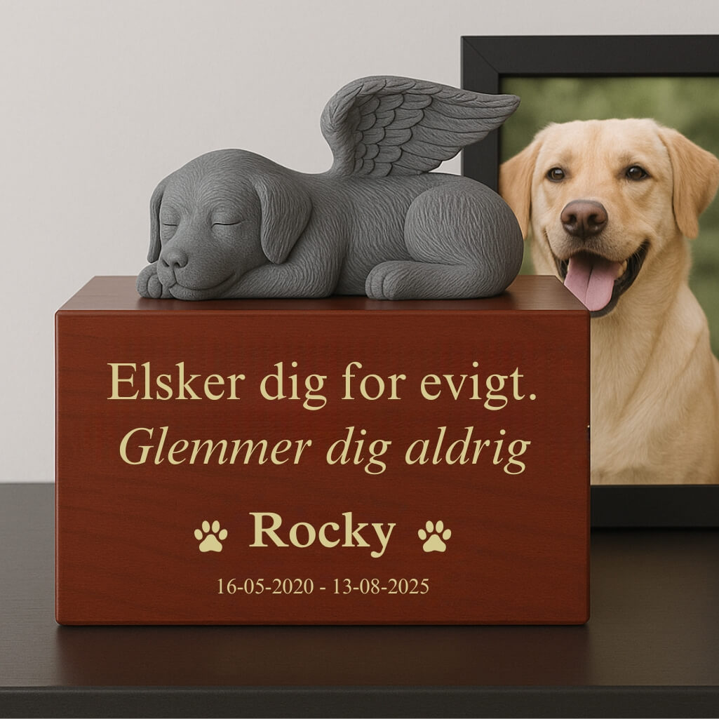 Tilpasset hundeurneæske i træ med englehundestatue - Askeurne til kæledyr med navn, datoer og hyldest
