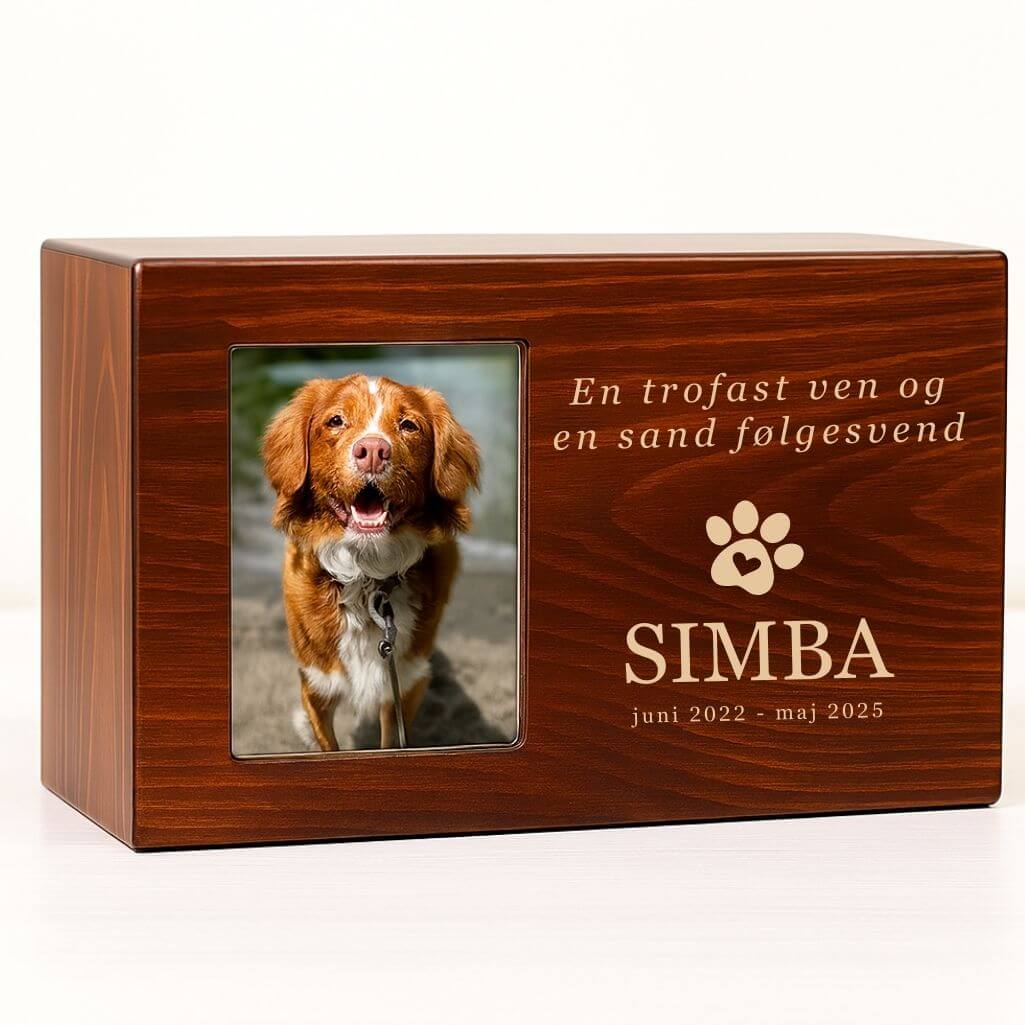 Personalised Wooden Dog Urn Box with Photo – Engraved Memorial Box for Ashes with Name, Dates & Tribute