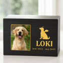 Personalised Black Wooden Dog Urn with Photo – Custom Memorial Box with Angel Icon, Name & Dates