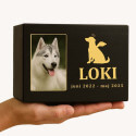 Personalised Black Wooden Dog Urn with Photo – Custom Memorial Box with Angel Icon, Name & Dates