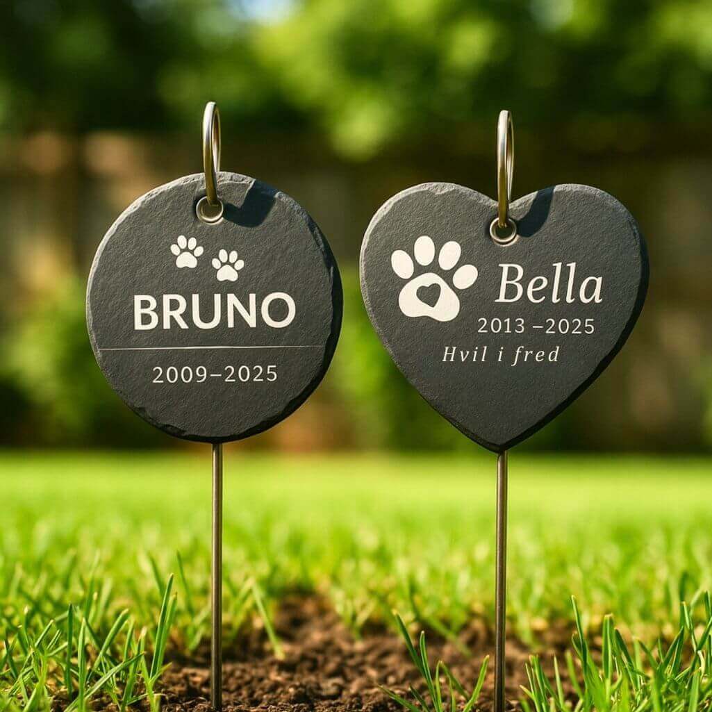 Personalised Round Dog Grave Marker with Metal Hook Stake – Slate Pet Memorial Garden Plaque with Name, Dates & Tribute